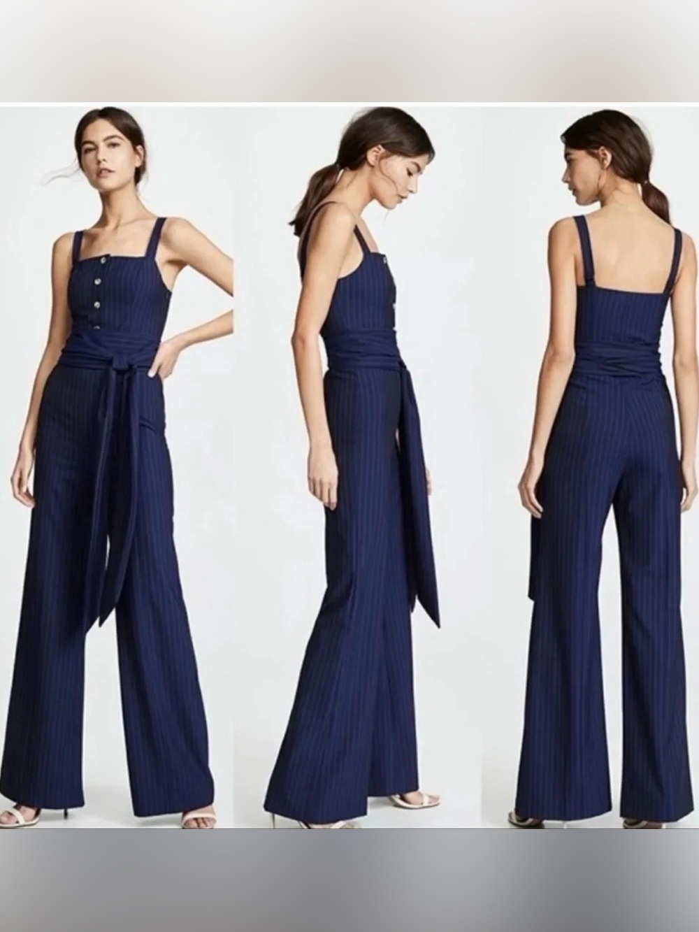 STAUD Pin Stripe Belted Wide Leg Jumpsuit Navy Size 4